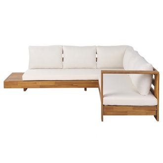 Beliani Sof&aacute; Esquinero De Exterior Izquierdo Conjunto Mesa Auxiliar De Madera De Acacia Certificada Blanco Marettimo