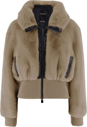 Pinko Plush Faux Fur Jacket With High Collar And Zippered Pockets