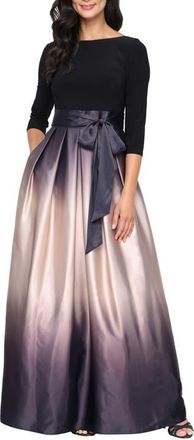 S.L. Fashions Three-Quarter Sleeve Jersey Bodice Ombré Satin A-Line Gown in Black/Chalk at Nordstrom, Size 24W