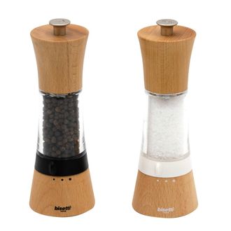 Bisetti Salt and pepper mill set, acrylic body, head and natural base, 18 cm