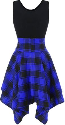 Generic Black Dress for Women Fashion Women Sleeveless Cold Shoulder Up Plaid Print Irregular Dress Women Dresses (Blue, S)