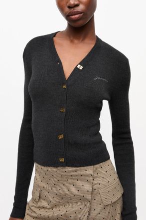 Ganni Mixed Black Mini Ribbed Merino Cardigan - Size XXS Wool