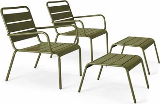 Oviala Lote de 2 sillones reclinables con reposapiés de metal verde caqui