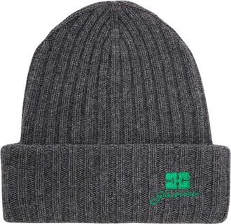 Ganni Wollen Gebreide Beanie - Dames - Hoeden - Grijs - ONE Size - Wol - Accessoires