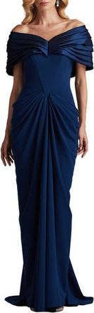 Tadashi Shoji Off the Shoulder Ruched Crepe Gown in Navy at Nordstrom, Size 18