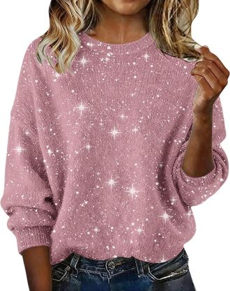 Generic JOASDAO Sequin Jumpers Women Ladies Sparkly Glitter Sweater Oversized Fit Spring Fashion Long Sleeve Warm Cozy Knitted Jumper Pullover Tops Festival H