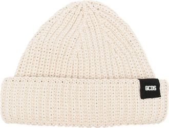 GCDS logo-patch ribbed knit beanie - women - Cotton/Polyamide - One Size - Neutrals