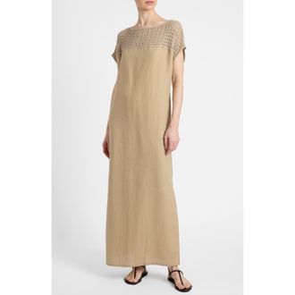 Santorelli Harmony Crocheted Cap Sleeve Linen Maxi Dress in Chai at Nordstrom, Size X-Large
