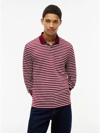 Tommy Hilfiger Mens Regular Fit Long-Sleeve Polo - Burgundy Ivory Stripe - XXL