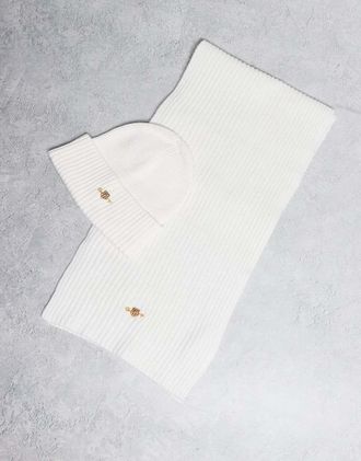 GANT Set regalo in maglia a trecce color crema con berretto e sciarpa-Bianco