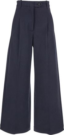 Tela Blue Wide Leg Trousers With Front Pleats In Cotton Woman