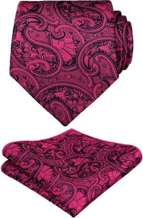 Alizeal Mens Jacquard Woven Necktie and Pocket Square Set, Magenta