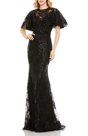 Mac Duggal Embellished Flutter Sleeve High Neck Gown in Black at Nordstrom, Size 16