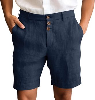 Generic Mens Linen Slim Fit Shorts Mens Button Up Shorts Business Formal Short Classic Solid Color Short Breathable Beach Pants Wedding Party Half Pants Comfo