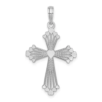 Diamond2Deal 14K White Gold Cut-Out Stripes Cross with Heart Charm Pendant