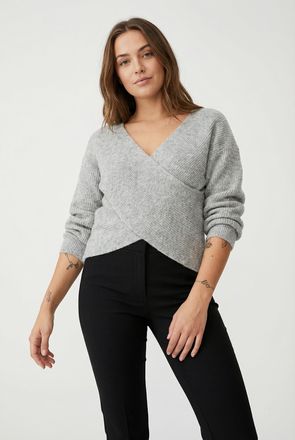 Pieces Wickelpullover PIECES PCSILLY LS REV WRAP KNIT NOOS BC, Damen, Gr. XL, light grau melange, Strick, Obermaterial: 90% Polyester, 5% Wolle, 5% Elasthan,