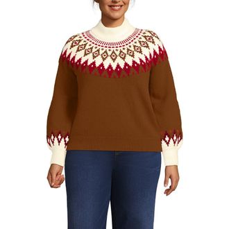 Lands End Fuzzy Turtleneck Lantern Sleeve Jacquard Sweater in Rich Ginger Brown Fairisle at Nordstrom, Size 3 X