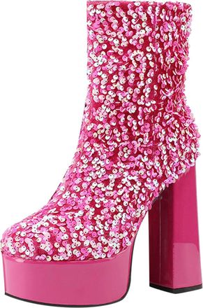 Generic Women Autumn Winter Fashion Ankle Boots with Sequin Decorations Shiny Thick Heel Platform Design for Ultimate Comfort and Style (Red, 5.5)