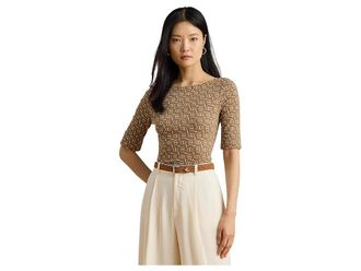 Lauren Ralph Lauren Geo-Print Stretch Cotton Boatneck T-Shirts Womens Clothing Taupe : LG, Cotton/Elastane