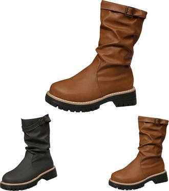 Generic Womens Mid-Calf Boots, Ladies Round Toe Chunky Block Heel Riding Boots Slouchy Comfortable Pull On Shoes Winter Suede Rouched Shoes with Adjustable Bu