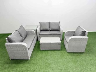 Fimous High Back Poly Rattan Garden Furniture Set w/ Reclining Chair Loveseat Sofa Rectangular Coffee Table Indoor Outdoor Patio Set Side Table Light