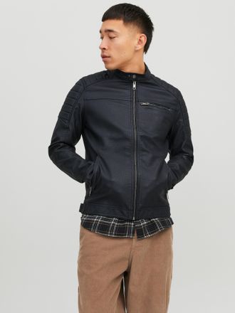 Jack & Jones Lederimitatjacke JACK & JONES JJEROCKY in Kunstlederoptik mit Reissverschlusstaschen, Herren, Gr. XXL, schwarz, Web, Obermaterial: 100% Polyester, uni