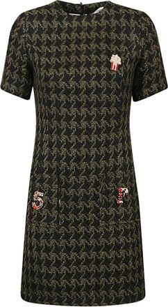 5 Progress Houndstooth Wolmix Korte Jurk - Dames - Korte kleedjes - Groen - XS - Wol - Kleedjes