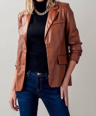 Love Tree Faux Leather Lapel Neck Single Breasted Blazer In Brown