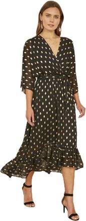 Yumi Black Foil Print Wrap Over Dip Hem Midi Dress 18 Black