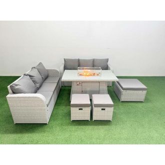 Fimous Outdoor Garden Furniture Sets 9 Seater Wicker Rattan Furniture Sofa Sets with Firepit Dining Table high Back Lounge Sofa 3 Stools Light Grey - Fimous