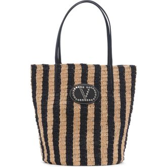 Valentino Garavani VLOGO Signature Crochet Raffia Tote in Natural/Black at Nordstrom