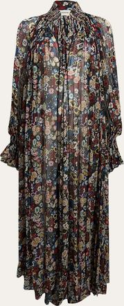 Khaite Edgar Plunging Floral Silk Maxi Peasant Dress
