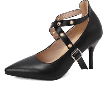 Generic Womens Cross Strap Dress Pumps with Buckle Stiletto High Heel Party Prom Shoes Pointed Toe Faux Suede Formal Shoes,Black Leather,2.5 UK