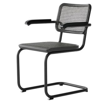 Thonet S 64 V Armlehnstuhl, schwarz RAL 9005 / Eiche gebeizt / Rohrgeflecht mit Kunststoffst&uuml;tzgewebe dark melange