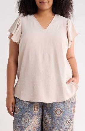 Adrianna Papell Flutter Sleeve V-Neck Blouse in Pebble at Nordstrom Rack, Size 1X