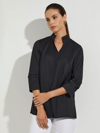 Misook Ruche Sleeve Cotton Tunic, Black