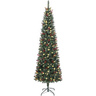 HOMCOM Rbol De Navidad Artificial Estrecho 230 Cm, Con Luces Led, 8 Modos De Iluminaci&oacute;n, 761 Ramas, Pi&ntilde;as, Bayas Y Soporte Met&aacute;lico, Verde - Homcom