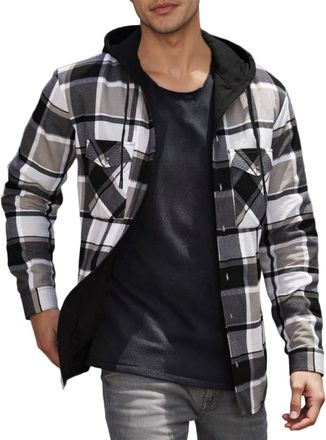 Generic Plaid Casual Sweatshirt Hoodie Long Sleeve Mens Shirt With Pocket Button Down Checked Jacket Flannel Regular Fit (White2, L)