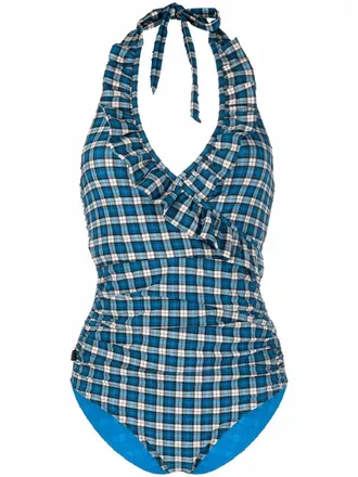 Ganni plaid-check print swimsuit - women - Recycled Polyester/Polyamide/Spandex/Elastane/Recycled Polyamide/Spandex/Elastane - 48 - Blue