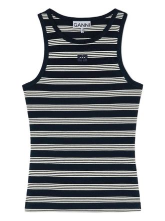 Ganni striped embroidered-logo top - women - Fabric - L - Blue