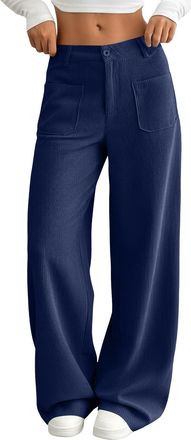 Generic Womens High Waist Wide Leg Pants Solid Colour Straight Fit Long Trousers with Front Pockets Button Closure Casual Everyday Style