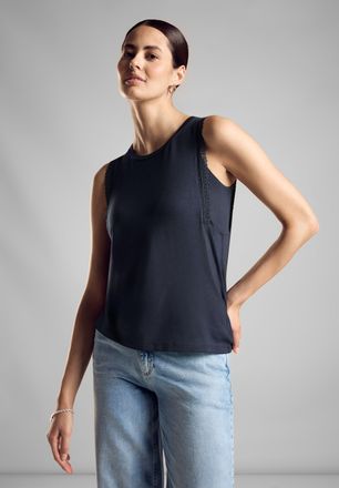 Street One Shirttop STREET ONE, Damen, Gr. 42, blau (tiefblau), Jersey, Obermaterial: 95% Viskose, 5% Elasthan, unifarben, regular fit taillenbedeckt, Rundhals, 