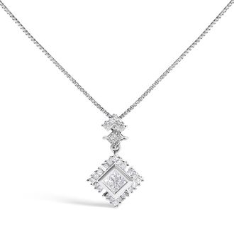 House of Brilliance 10K White Gold 1/2 Cttw Princess Cut Rhombus Drop Pendant Necklace
