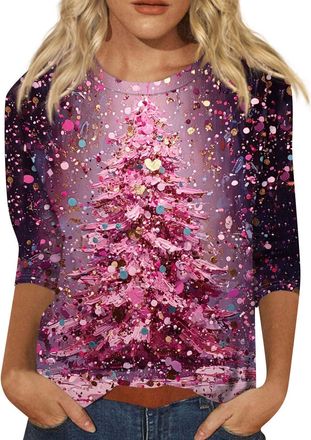 Generic Christmas Jumpers for Women 3 4 Sleeve Ladies Xmas Top UK Fashion Novelty Print T Shirt Loose Fit Casual Holiday Party Tee Tunic Blouse Hot Pink XXXL