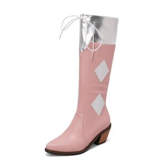 Generic Womens Two-Tone Knee-High Western Cowboy Boots with Lace-Up Top,Pink,5.5 UK