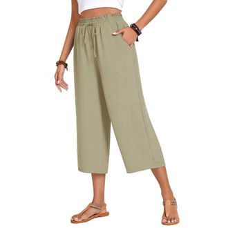 Generic Cropped Trousers for Women UK Casual Summer Linen Trousers Elasticated Waist 3/4 Capri Pants with Pockets Lightweight Wide Leg Lounge Holiday Beach Pa