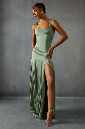 Misspap Womens Premium Satin Square Pleated Skirt Bridesmaid Dress - Green - Size 12 UK