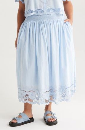 Treasure & Bond Embroidered Eyelet Cotton Smocked Waist Skirt in Blue Skyway at Nordstrom Rack, Size 1X