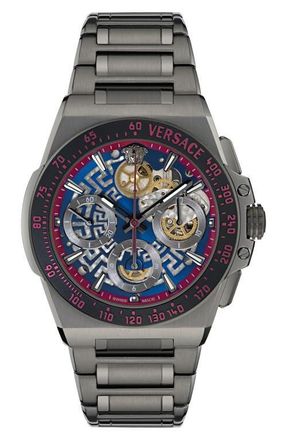 Versace Greca Extreme Skeleton Dial Automatic Chronograph Bracelet Watch, 43mm in Blue/Ip Gunmetal at Nordstrom