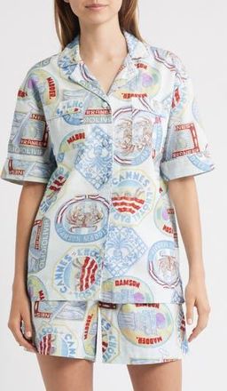Damson Madder Chlo Holiday Print Cotton & Linen Camp Shirt in Blue Multi at Nordstrom Rack, Size 12 Us / 16 Uk
